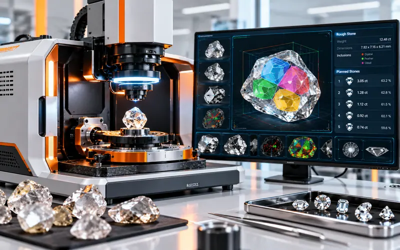 A diamond scanning machine with a rough stone on its rotary stage, beside a screen planning the stones inside it, with rough and polished diamonds on the bench