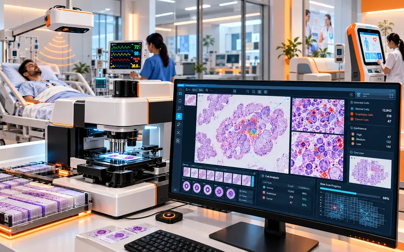 A clinic with a contactless monitor above a patient's bed, a patient monitor, a self-service health kiosk and a slide scanner whose AI marks suspicious cells