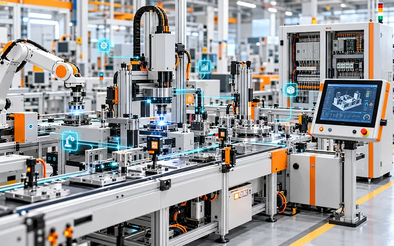 An automated assembly line with a robot arm, inspection stations, a control cabinet and a touch panel showing the line in 3D