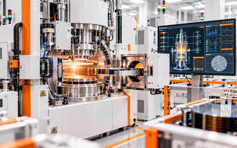 A wafer-processing tool in a cleanroom, its robot arm loading a wafer into the chamber, beside a control screen with the chamber diagram and live process charts