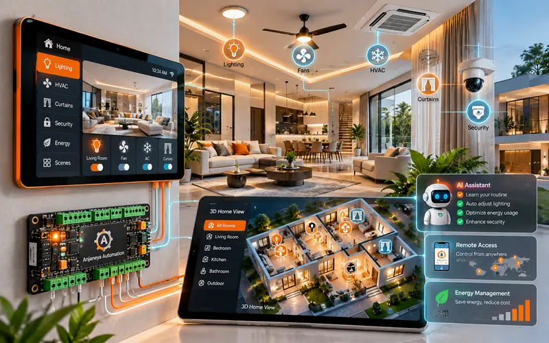 A smart home: a wall touch panel and controller board running lighting, fans, HVAC, curtains and security, with a 3D view of the home and an AI assistant
