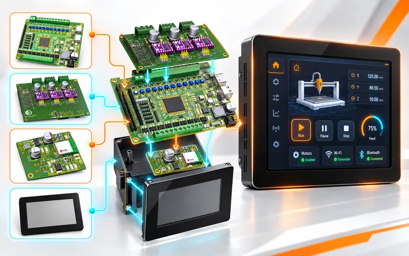 The SMZ-F4000 controller board with its stacking shields, an enclosure and a touch panel