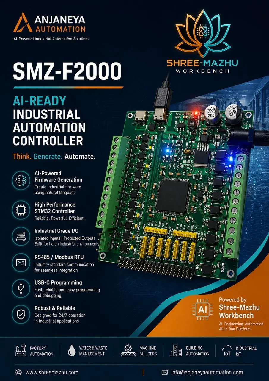 Product flyer for our AI-ready industrial automation controller: a photo of the board, its main features, the Workbench that programs it and the industries it serves
