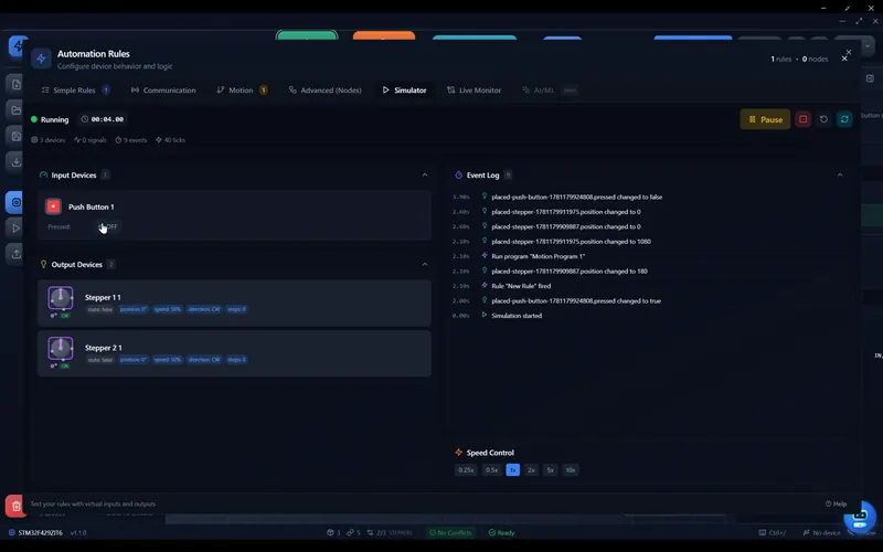 Screenshot of the Shree-Mazu Workbench running a rule in its simulator, with a push button, two stepper motors, the event log and the speed control