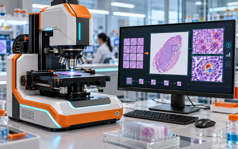 The upgraded microscope with its motorized stage, beside a screen showing slide tiles stitched into one image and regions marked by the AI