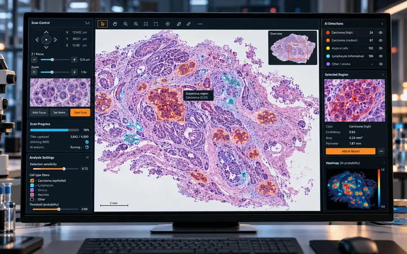 The software: scan control, scan progress, analysis settings, a flagged region with its confidence, and a heatmap of the slide