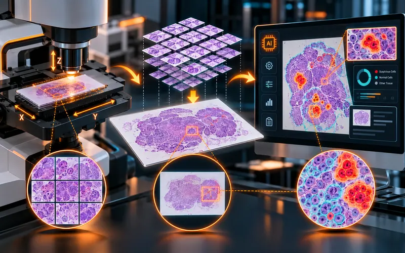 How it works: X, Y and Z axes move the slide, the tiles are stitched into a whole-slide image, and the AI marks suspicious cells