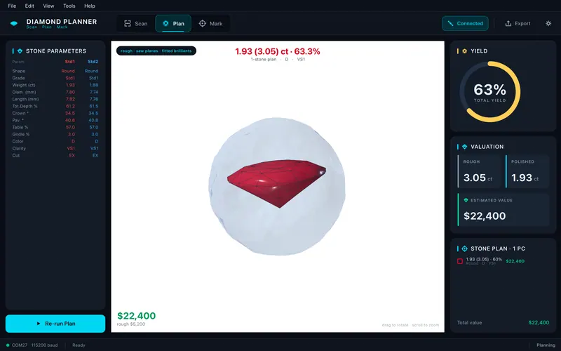 The Plan screen: a round brilliant fitted inside the scanned rough, with its parameters, a 63% yield and the estimated value