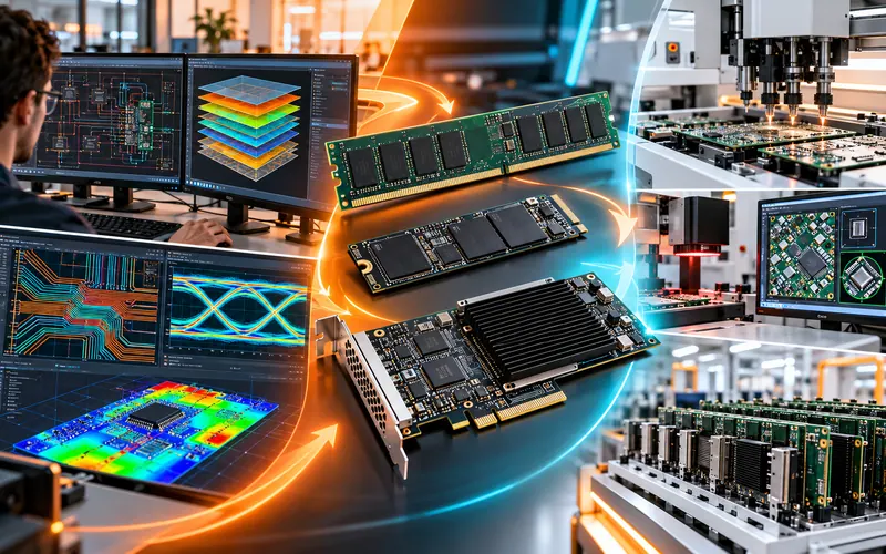 From design to production: layout, stack-up and simulation, then a memory module, an M.2 SSD and a PCIe card, then assembly and inspection