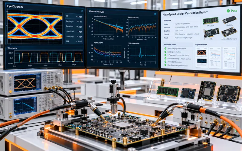 A signal-integrity lab with an eye diagram, insertion and return loss, crosstalk and impedance plots, and a verification report marked Pass