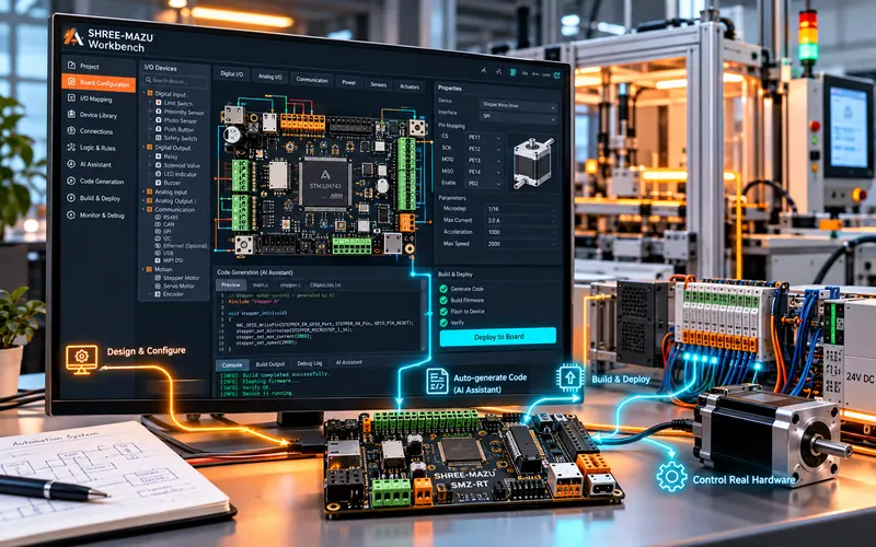 Illustration of the Workbench flow: devices configured and mapped on screen, code written with the AI assistant, then built and deployed to a controller board that drives a stepper motor