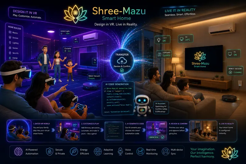 Concept illustration: a family designs their smart home in VR as 3D characters, the AI turns their choices into automation code, and the same scene runs in their real living room