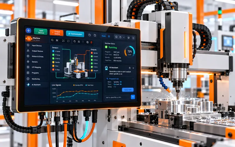 A touch panel running the Workbench on a CNC router, with live signals and a rule proposed by the AI assistant