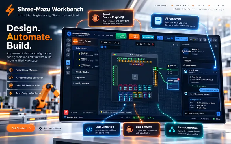 The Shree-Mazu Workbench: devices wired on the canvas, and the AI assistant turning a request into a rule